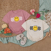 Personalized Baby Boy Romper with Checkered Smiley Face Birthday Outfit Infant Cotton Comfortable Gift