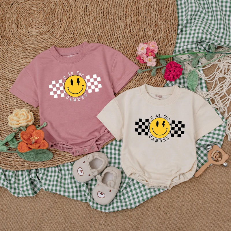 Personalized Baby Boy Romper with Checkered Smiley Face Birthday Outfit Infant Cotton Comfortable Gift