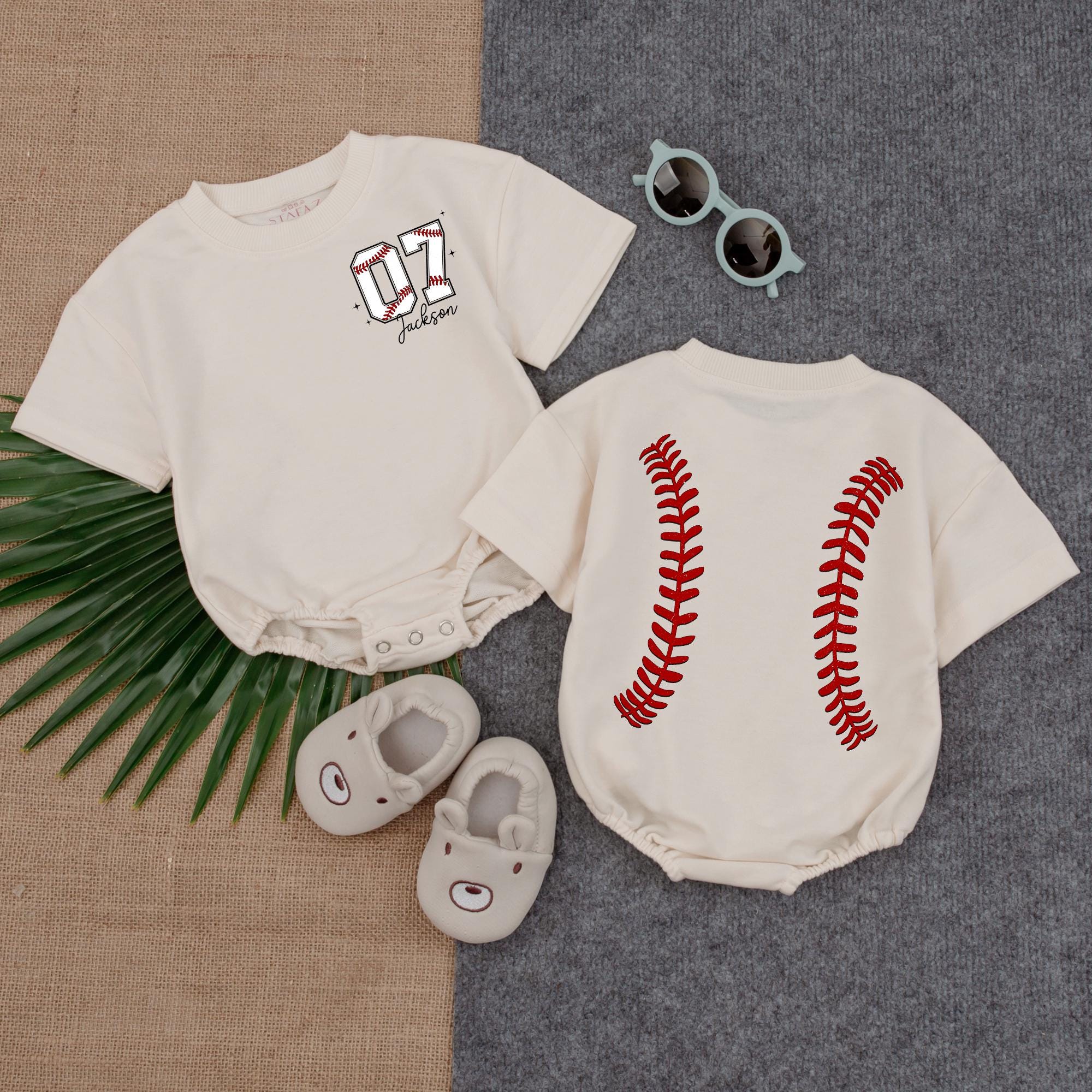 Personalized Baseball Romper Cotton Baby Tee with Red Seams Custom Name Number Playful Sporty Design Gift for Baseball Lovers