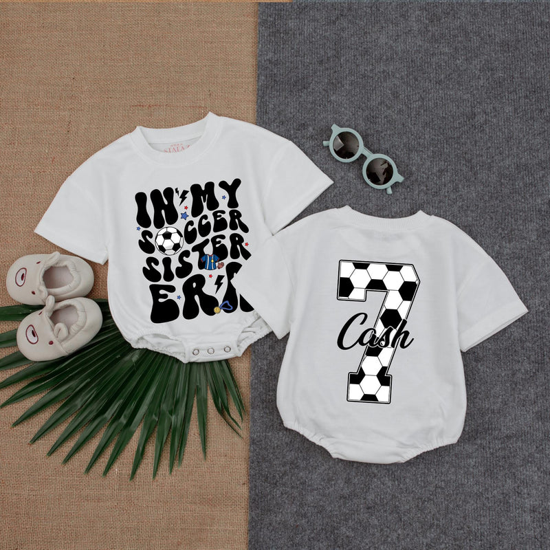 Custom Soccer Sister Era Romper for Kids - Personalized Name & Number, Soft Cotton Long Sleeve Outfit for Game Day or Birthday Gift