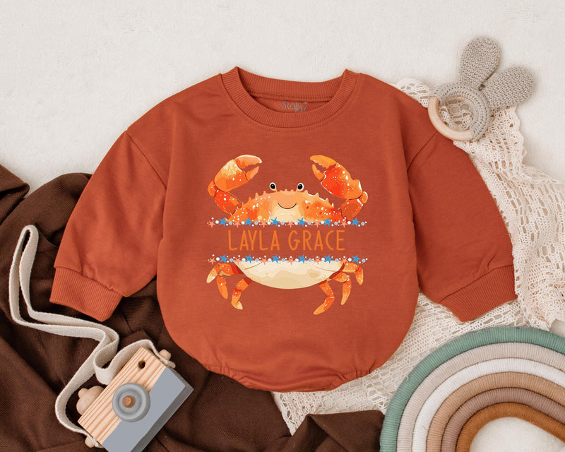 Personalized Crab Baby Romper with Smiling Face Ocean Design Custom Name Soft Cotton Coastal Gift for Newborns and Toddlers 140 Characters
