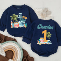 Custom Baby Surf Beach First Birthday Romper Pink Van Palm Trees Soft Cotton Outfit Summer Party Gift Personalized Name The Big One