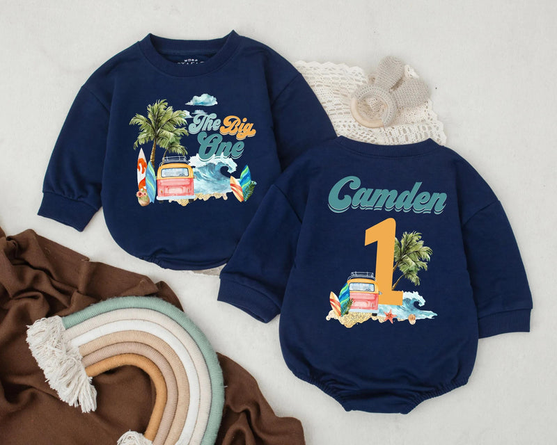 Custom Baby Surf Beach First Birthday Romper Pink Van Palm Trees Soft Cotton Outfit Summer Party Gift Personalized Name The Big One