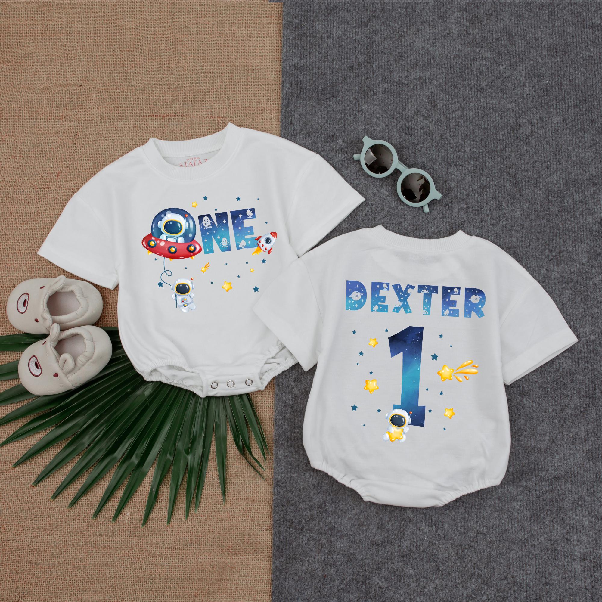 Personalized Baby Boy Astronaut Romper Space Theme 1st Birthday Outfit Colorful Design Custom Name First Trip Around the Sun