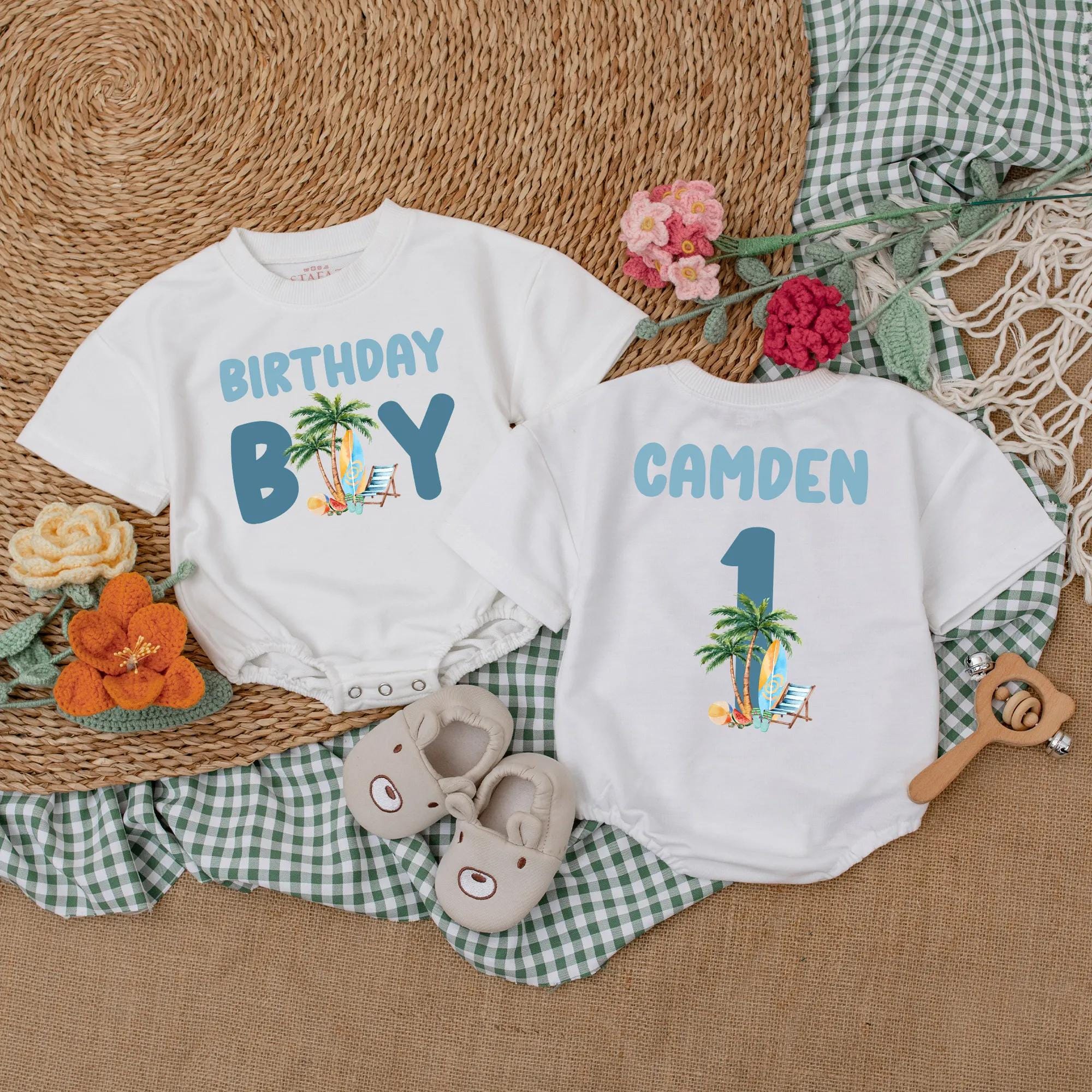 Personalized Baby Boy Birthday Romper Fun Beach Theme Surfing First Celebration Outfit Palm Tree Design Cake Smash Party Wear