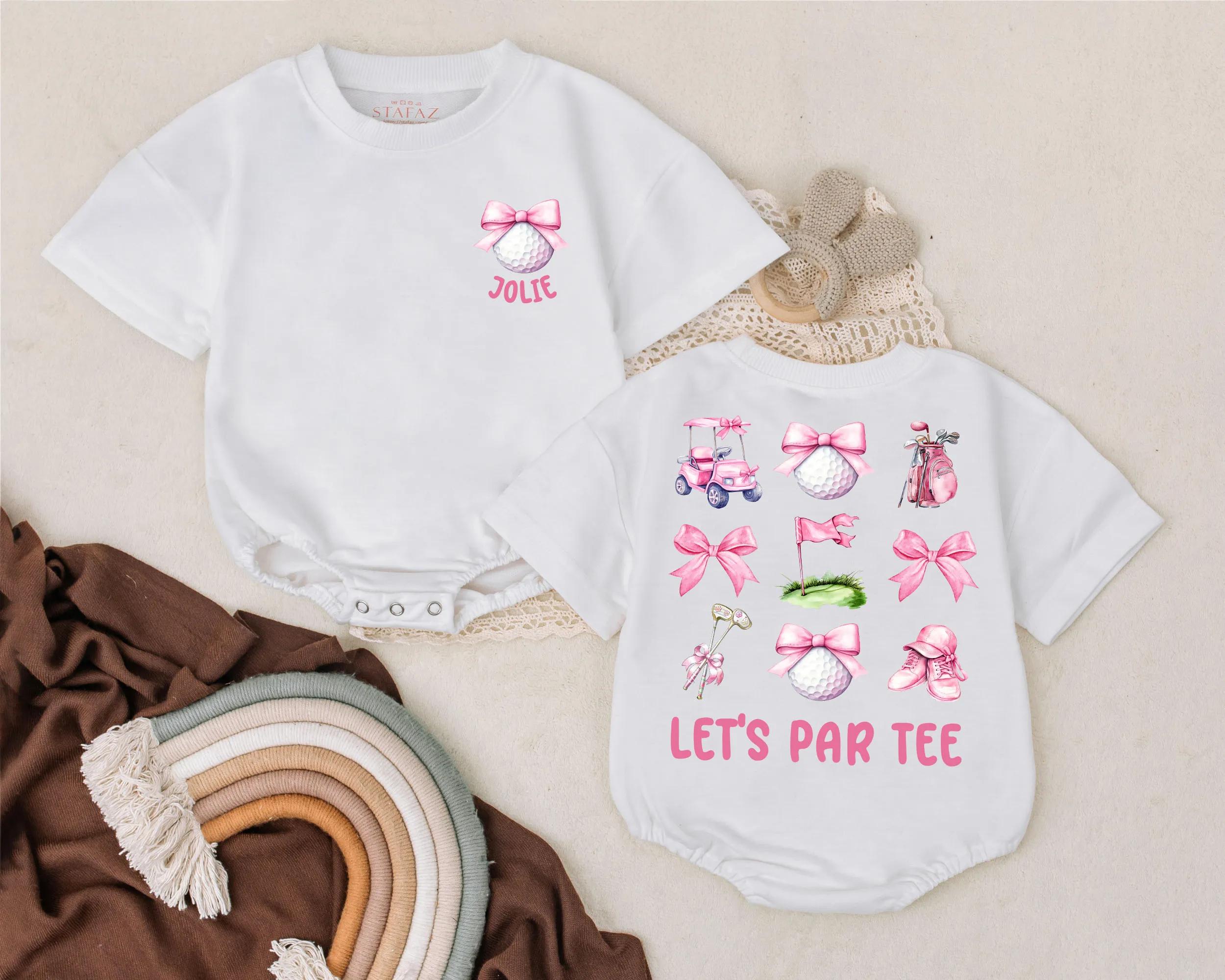 Custom Golf Baby Romper Let's Par Tee Pink Bow Birthday Outfit Cute Infant Girl Golf Themed Clothes Comfortable Soft Cotton Playful Design