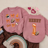 Personalized Football Bubble Romper for Baby Girls Cheer Bow Game Day Outfit Birthday Gift Orange Brown Design