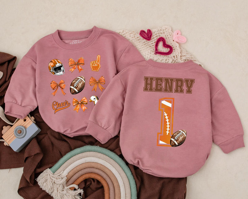 Personalized Football Bubble Romper for Baby Girls Cheer Bow Game Day Outfit Birthday Gift Orange Brown Design