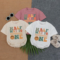 Custom Halfway to One Baby Romper with Retro Smiley Design 6 Month Birthday Outfit Personalized Cotton Bodysuit for Boys or Girls