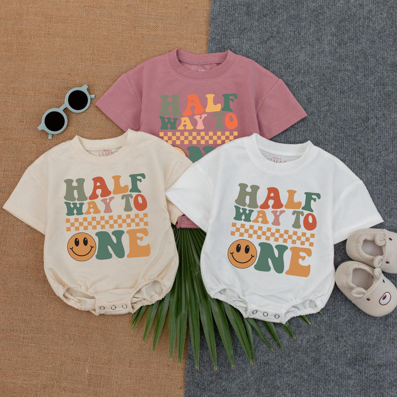 Custom Halfway to One Baby Romper with Retro Smiley Design 6 Month Birthday Outfit Personalized Cotton Bodysuit for Boys or Girls