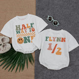 Custom Halfway to One Baby Romper with Retro Smiley Design 6 Month Birthday Outfit Personalized Cotton Bodysuit for Boys or Girls