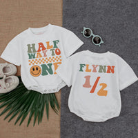 Custom Halfway to One Baby Romper with Retro Smiley Design 6 Month Birthday Outfit Personalized Cotton Bodysuit for Boys or Girls