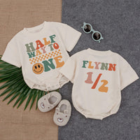 Custom Halfway to One Baby Romper with Retro Smiley Design 6 Month Birthday Outfit Personalized Cotton Bodysuit for Boys or Girls