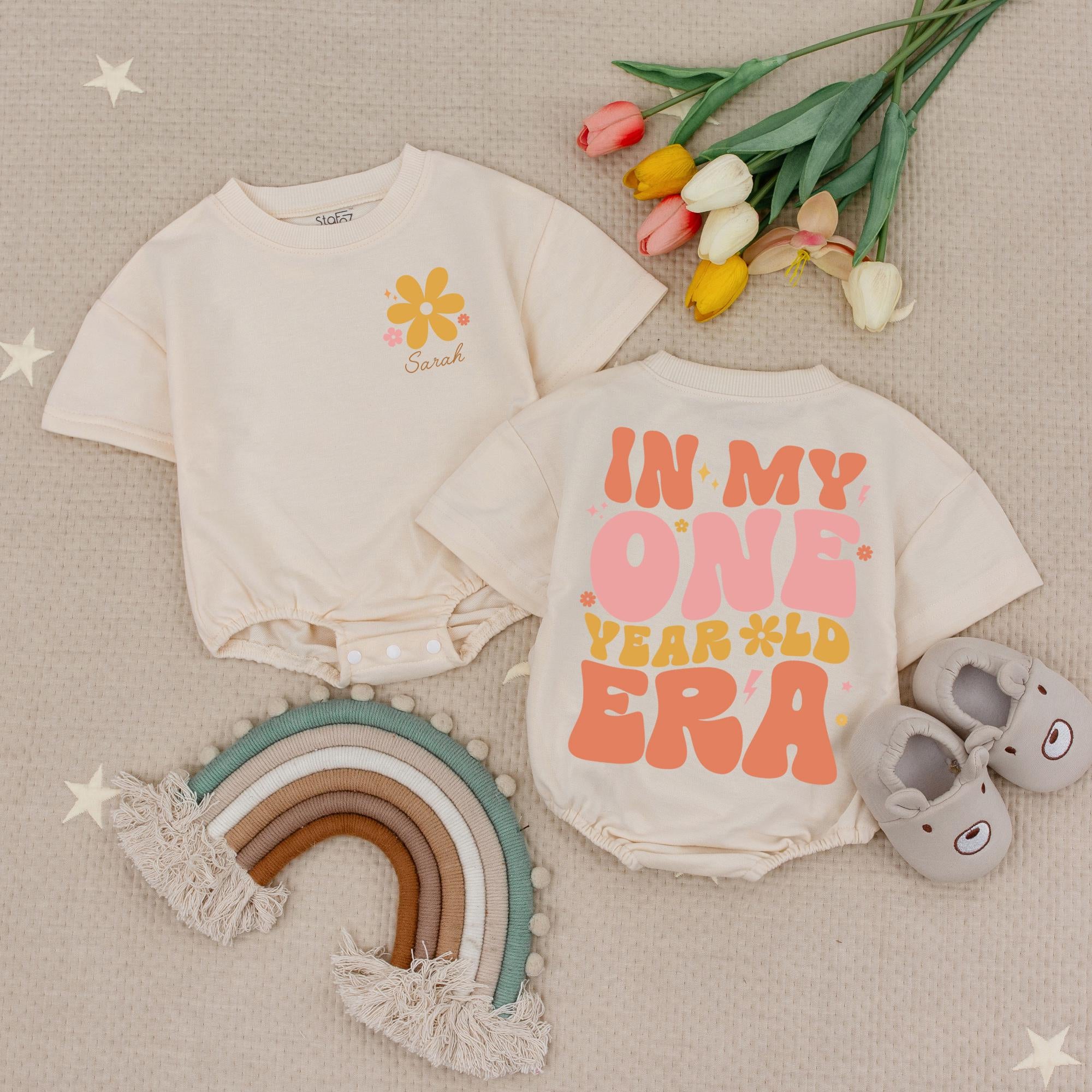 Personalized One Year Old Era Baby Romper for Girls Birthday Custom Name Retro Style with Pink and Orange Flower Design Cotton Outfit Gift
