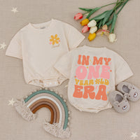 Personalized One Year Old Era Baby Romper for Girls Birthday Custom Name Retro Style with Pink and Orange Flower Design Cotton Outfit Gift