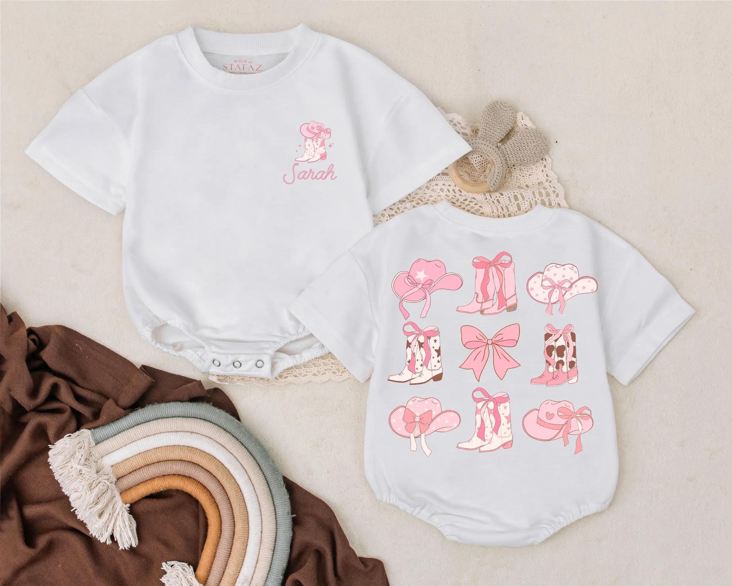 Personalized Pink Cowgirl Romper with Bow Baby Girl Birthday Outfit Custom Name Rodeo Theme Soft Cotton Summer Gift