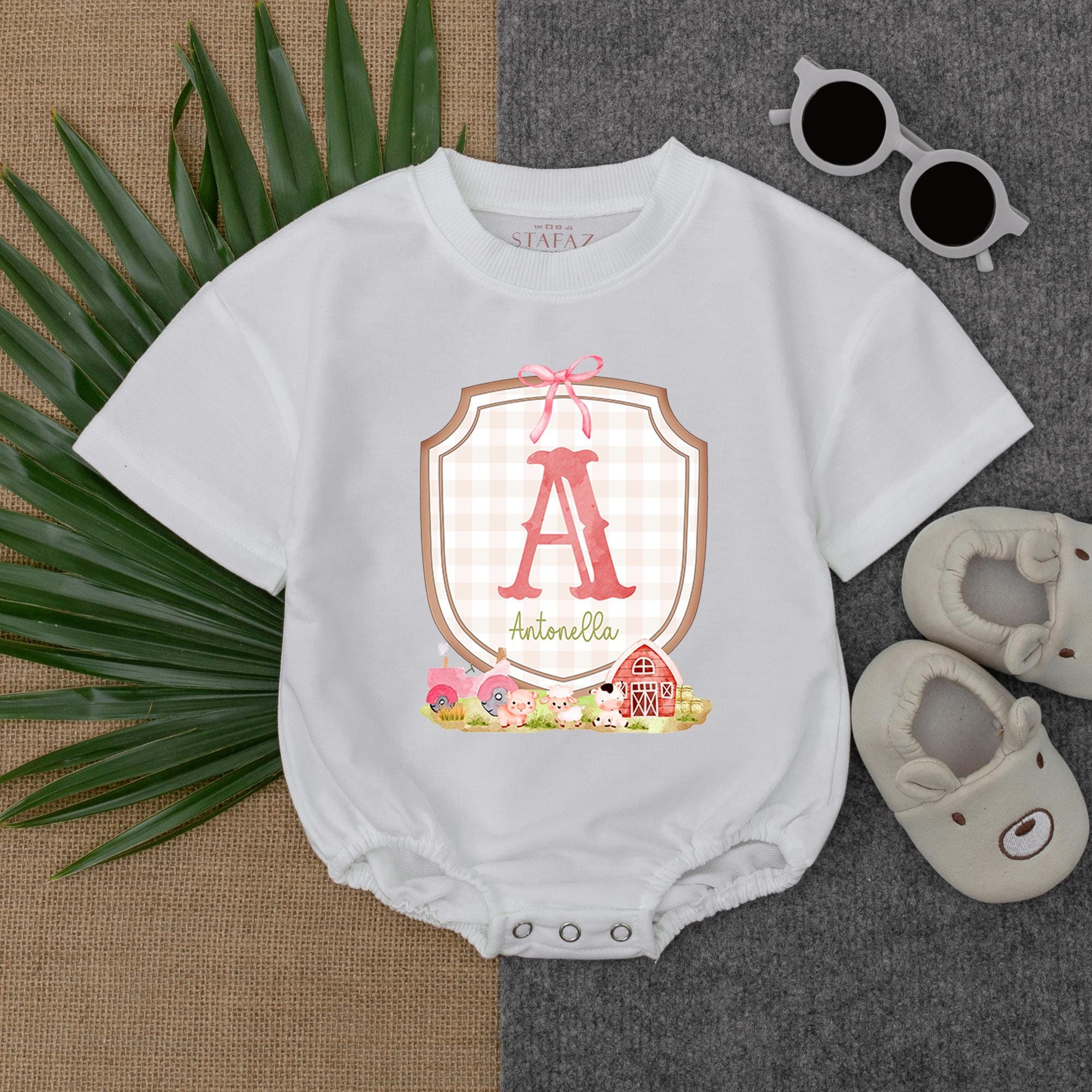 Adorable Personalized Farm Girl Romper with Red Letter A Cute Country Birthday Outfit Cotton Soft Comfort Baby Gift Playful Design