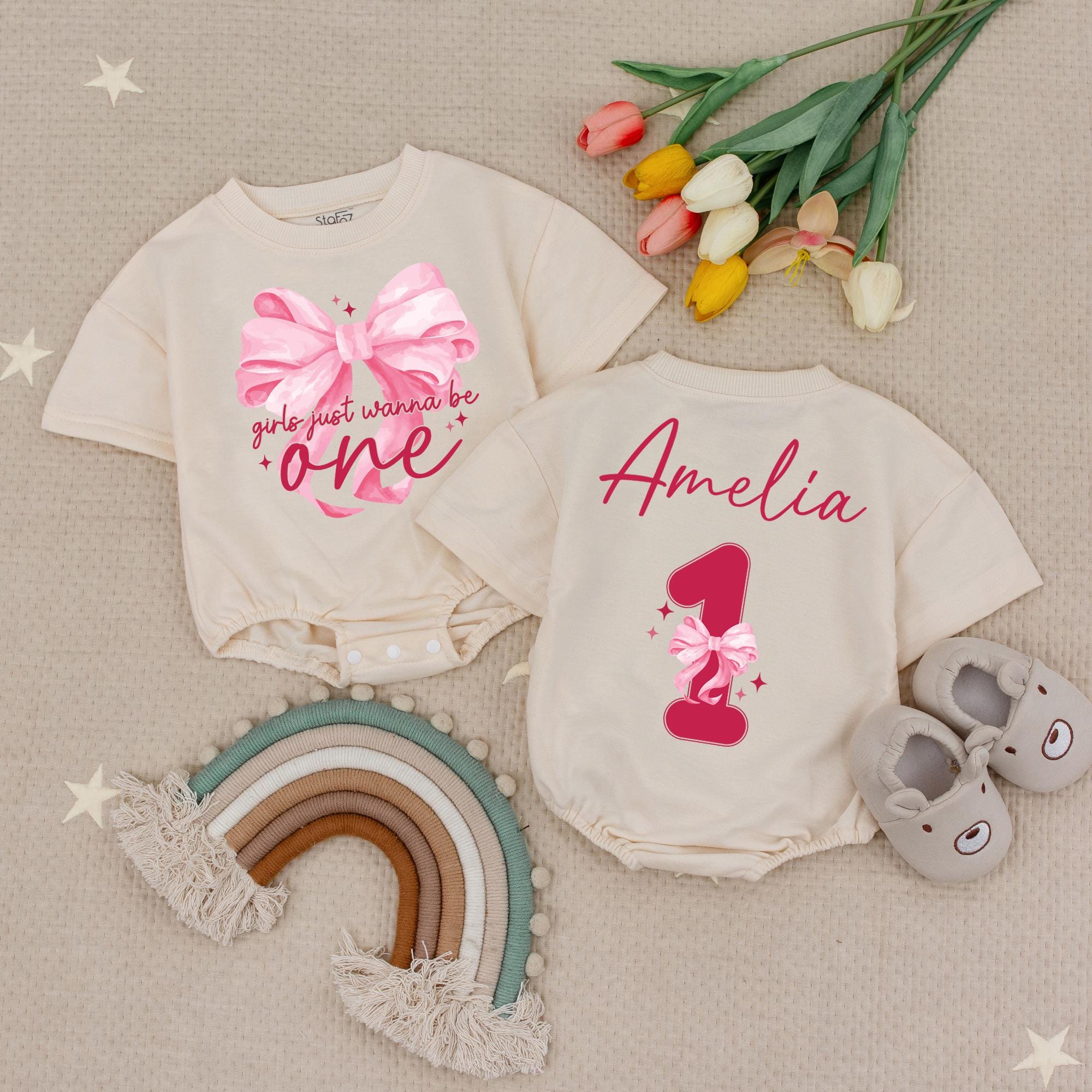 Girls Just Wanna Be One Pink Birthday Bodysuit with Satin Bow Romper for 1st Birthday Baby Girl Coquette Design Cotton Comfort Outfit