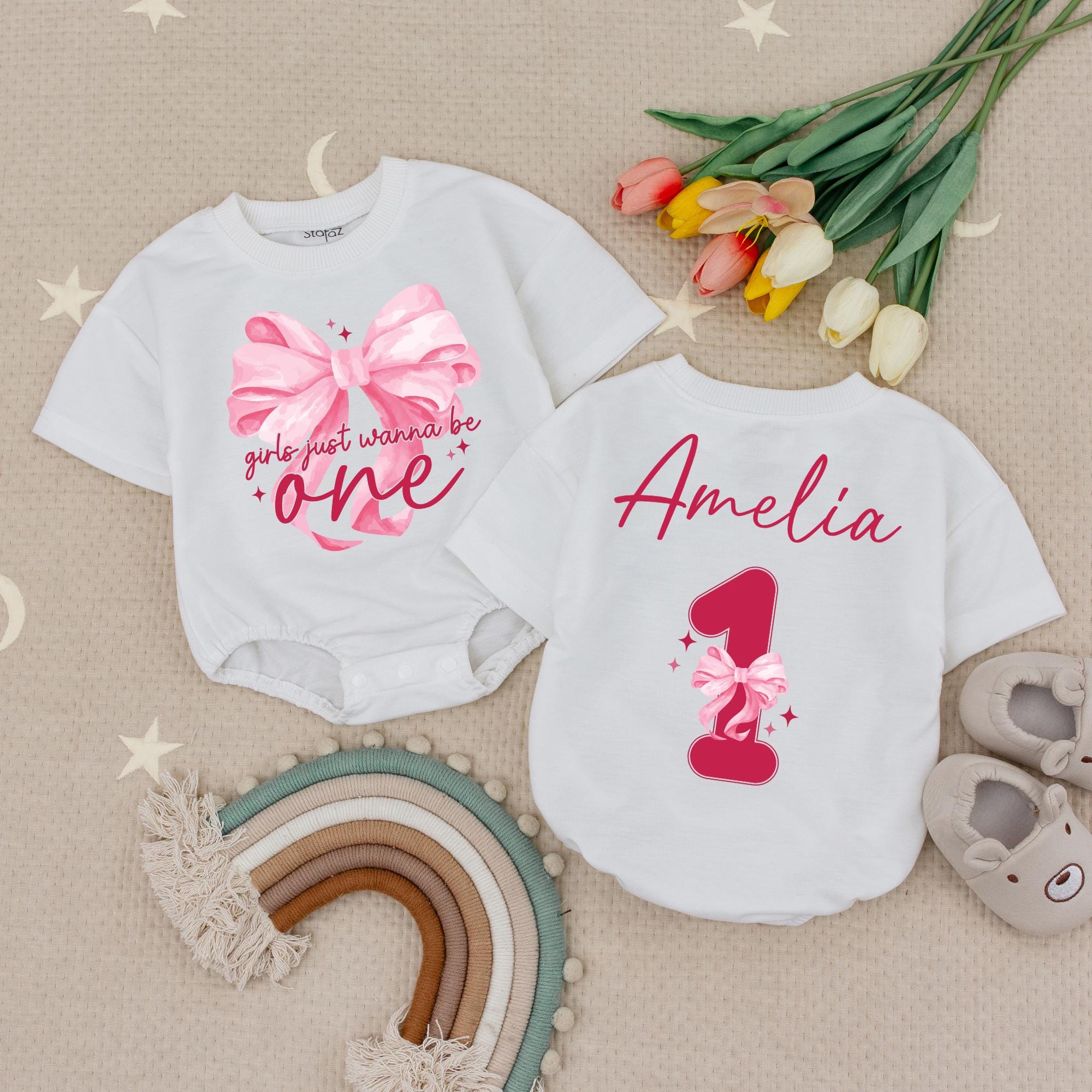 Girls Just Wanna Be One Pink Birthday Bodysuit with Satin Bow Romper for 1st Birthday Baby Girl Coquette Design Cotton Comfort Outfit