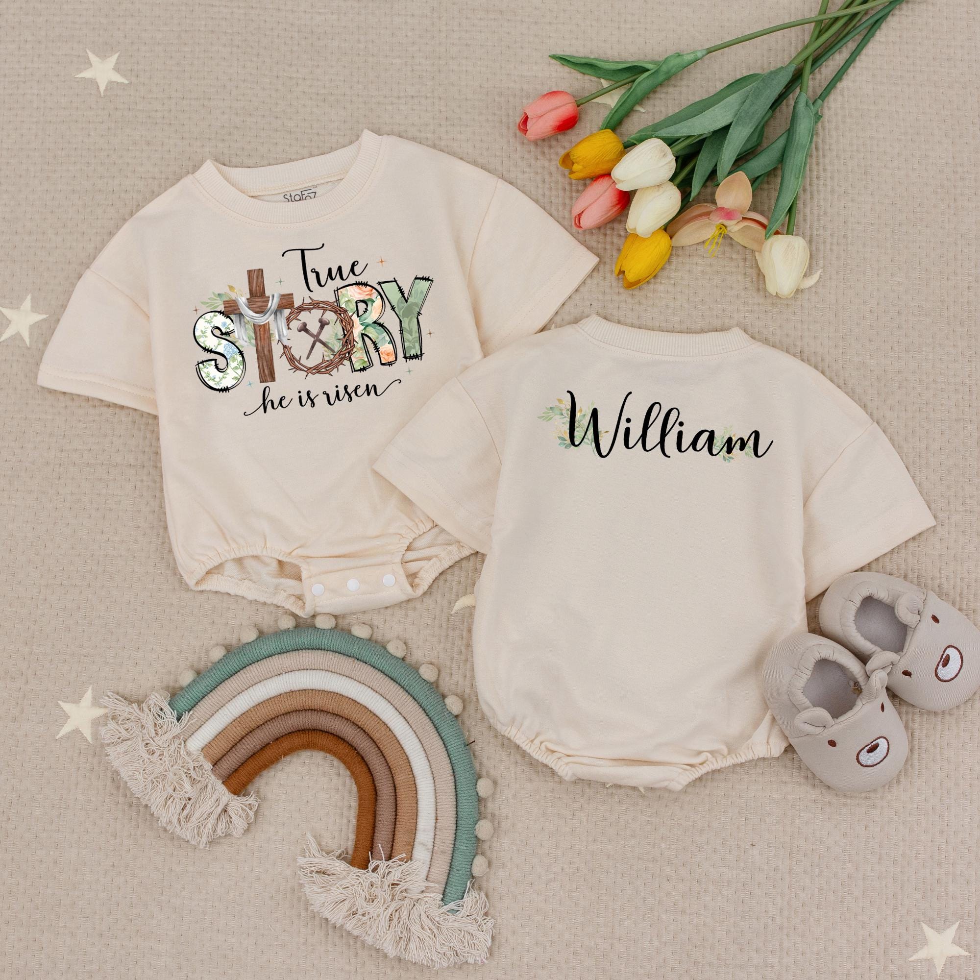 Custom Name True Story Baby Bodysuit Soft Earthy Colors Christian Easter Outfit He is Risen Floral Cross Gift for Infant Boys or Girls
