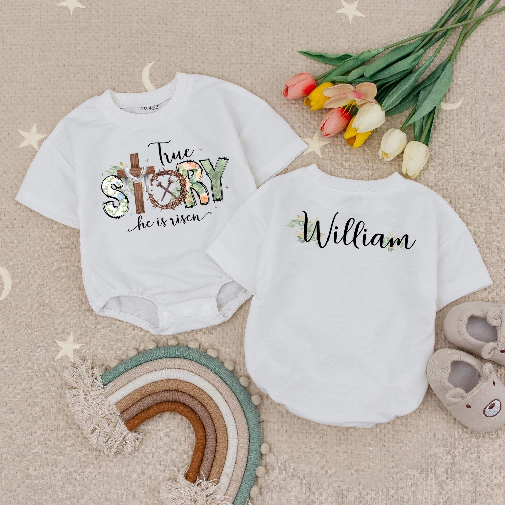 Custom Name True Story Baby Bodysuit Soft Earthy Colors Christian Easter Outfit He is Risen Floral Cross Gift for Infant Boys or Girls