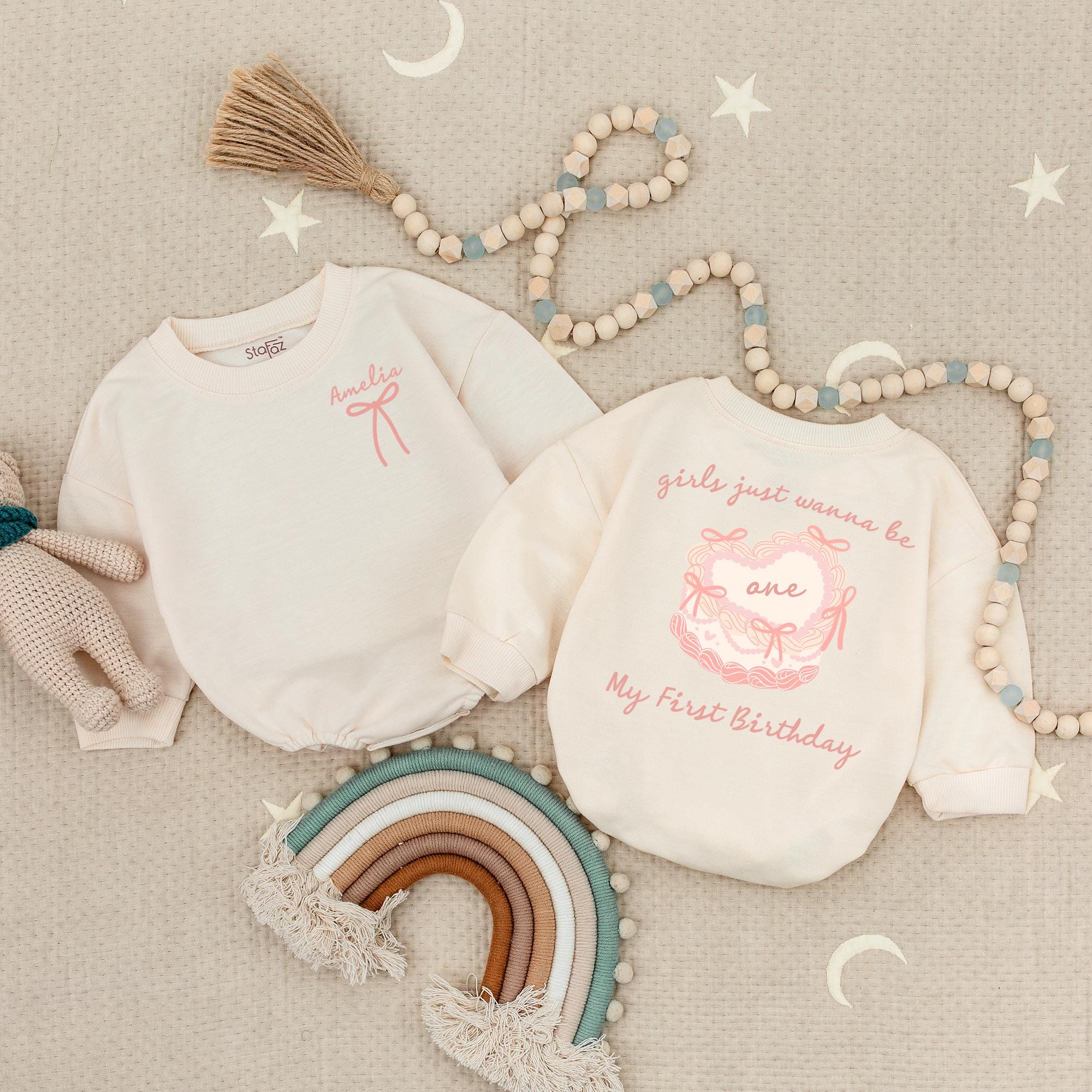 Personalized First Birthday Romper for Girls Pink Bow Baby Bodysuit Celebrate My First Birthday with Name Customizable Outfit Soft Cotton
