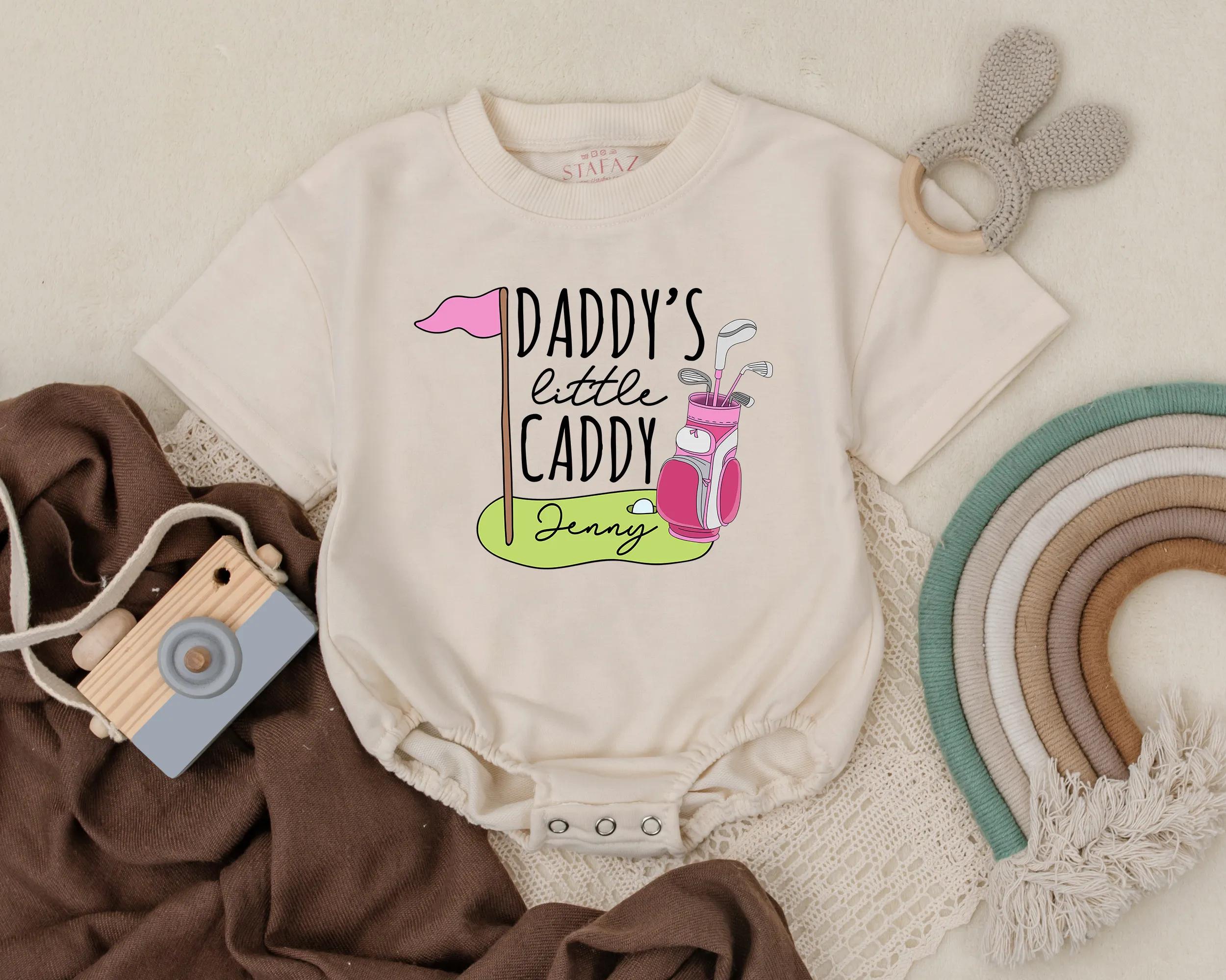 Personalized Daddy's Little Caddy Baby Romper Golf Themed Outfit Infant Bodysuit First Father's Day Gift Pink Flag Design Custom Name