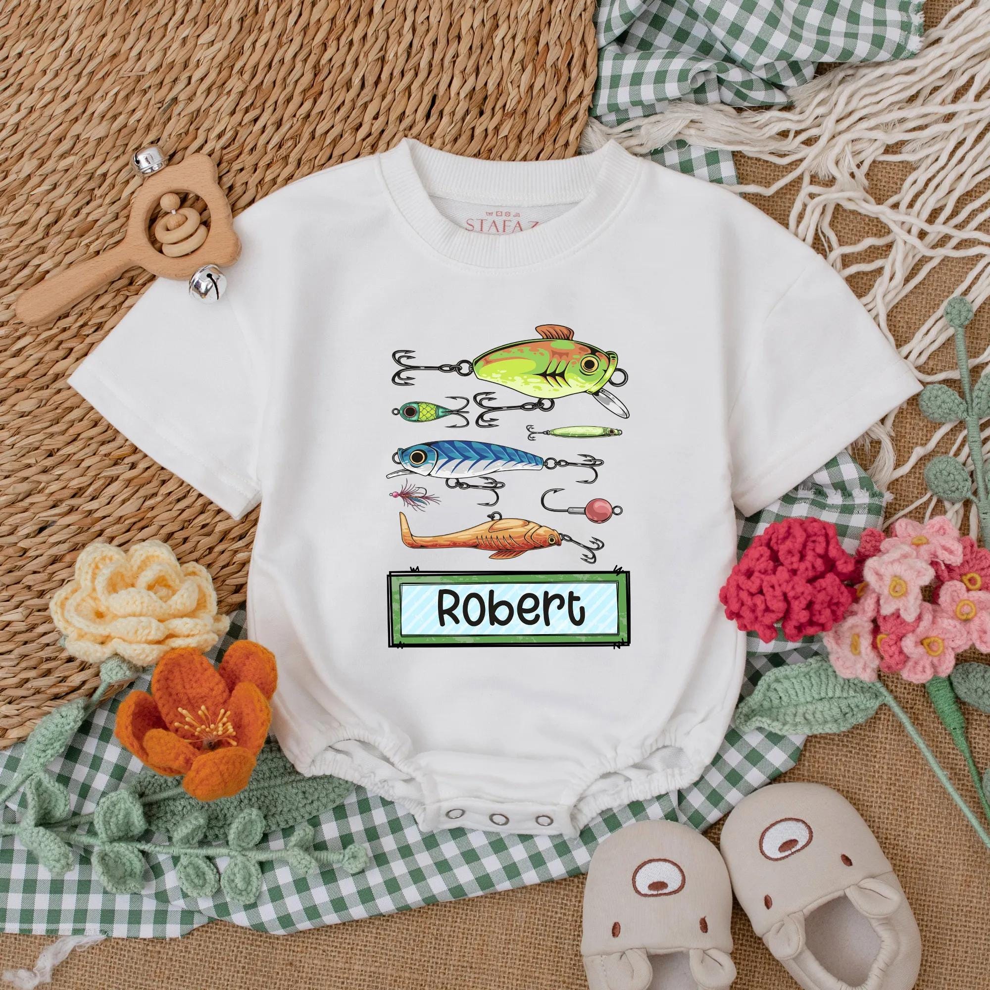 Personalized Colorful Fishing Lures Baby Romper for Fun-Loving Boys Whimsical Father's Day Outfit Cute Custom Coming Home Gift