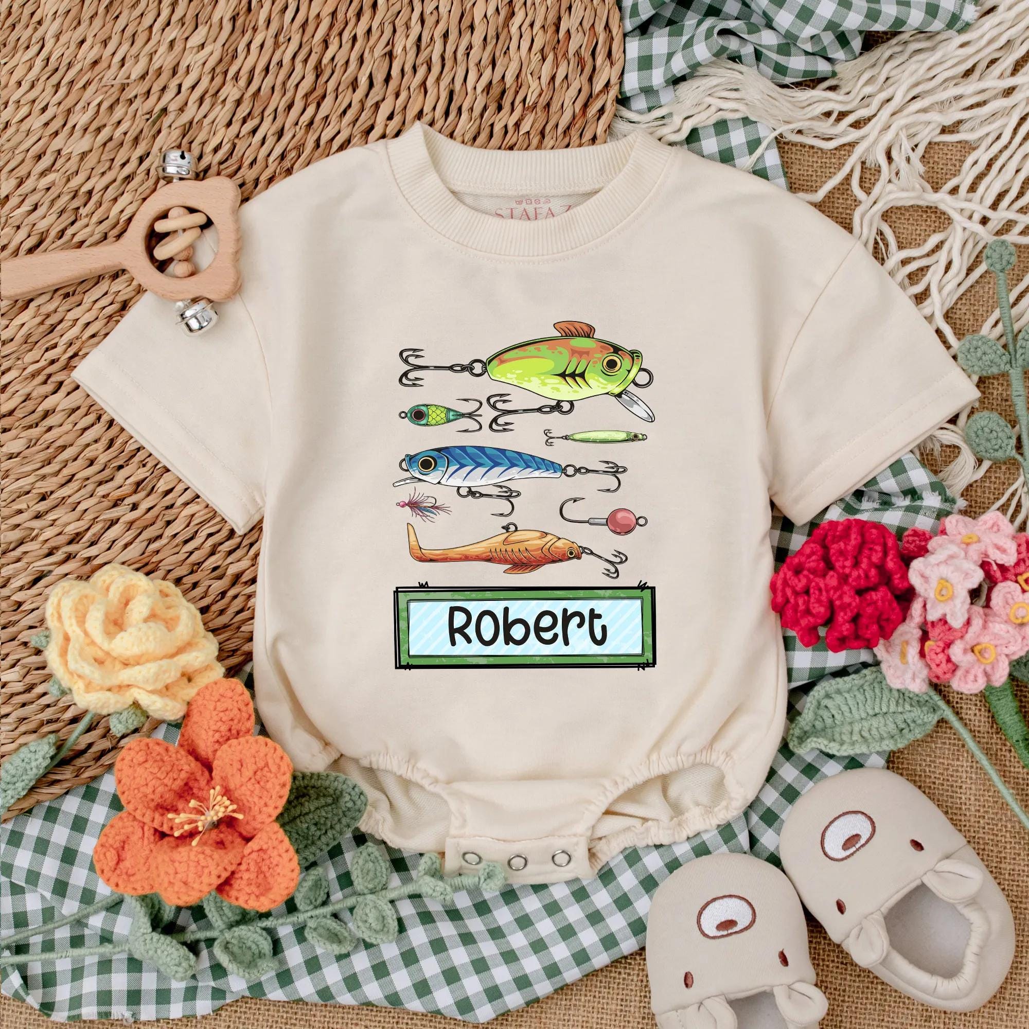 Personalized Colorful Fishing Lures Baby Romper for Fun-Loving Boys Whimsical Father's Day Outfit Cute Custom Coming Home Gift