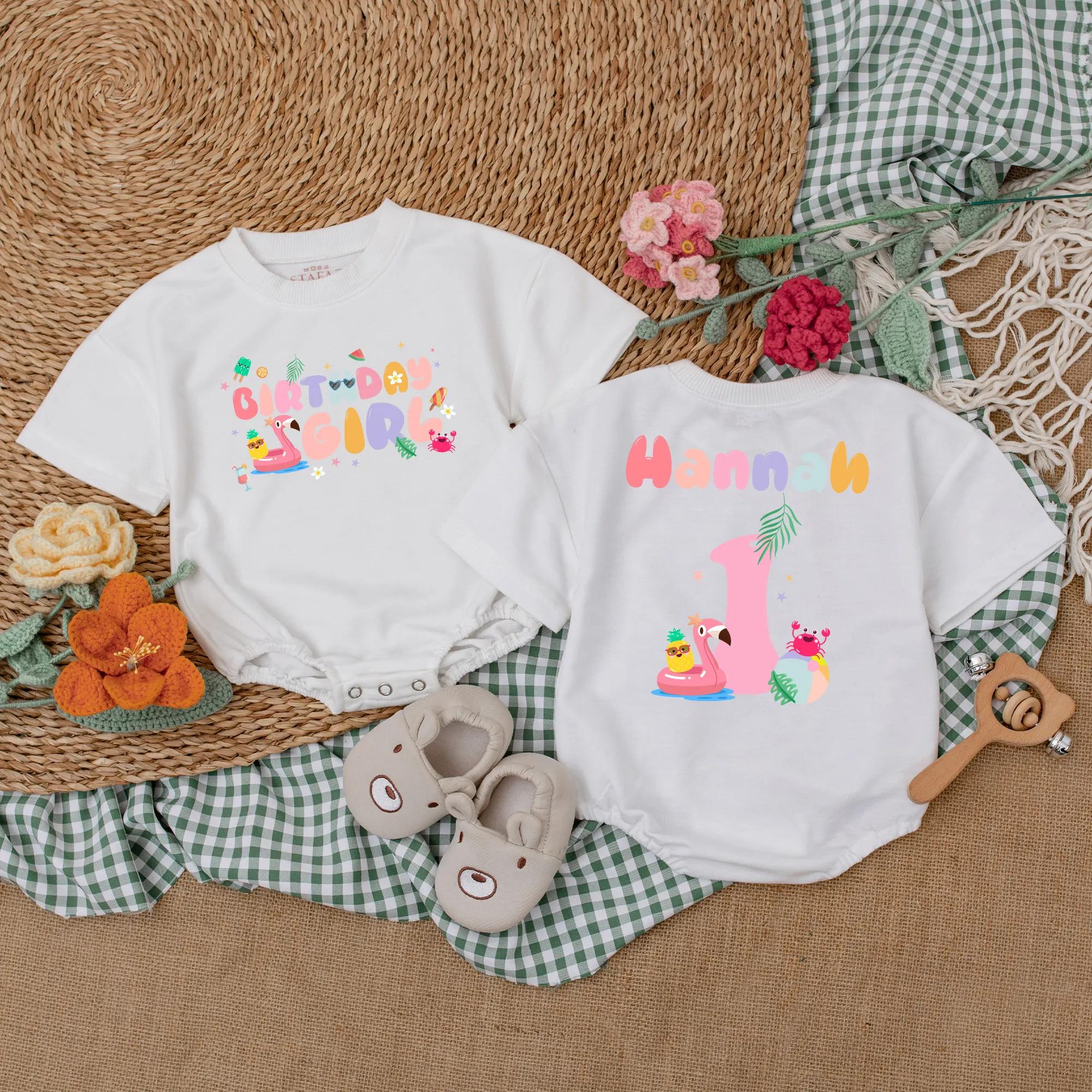 Personalized First Birthday Romper for Girls with Beach Theme Custom Name Colorful Summer Party Outfit Comfortable Cotton Baby Bodysuit