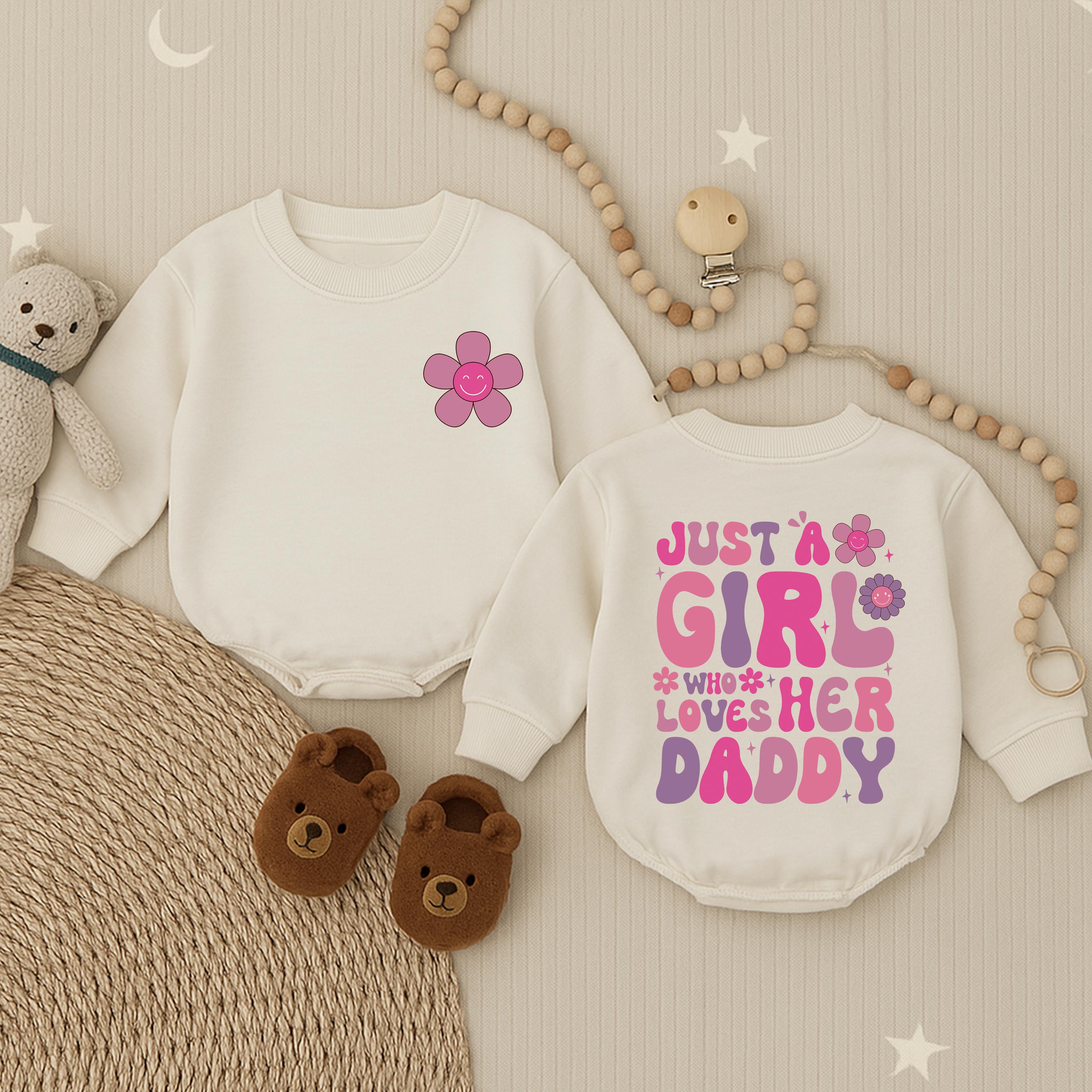 Just a Girl Who Loves Her Daddy Bubble Romper Pink Purple Heart Flower Design Baby Girl Gift Cute Daddy Daughter Outfit
