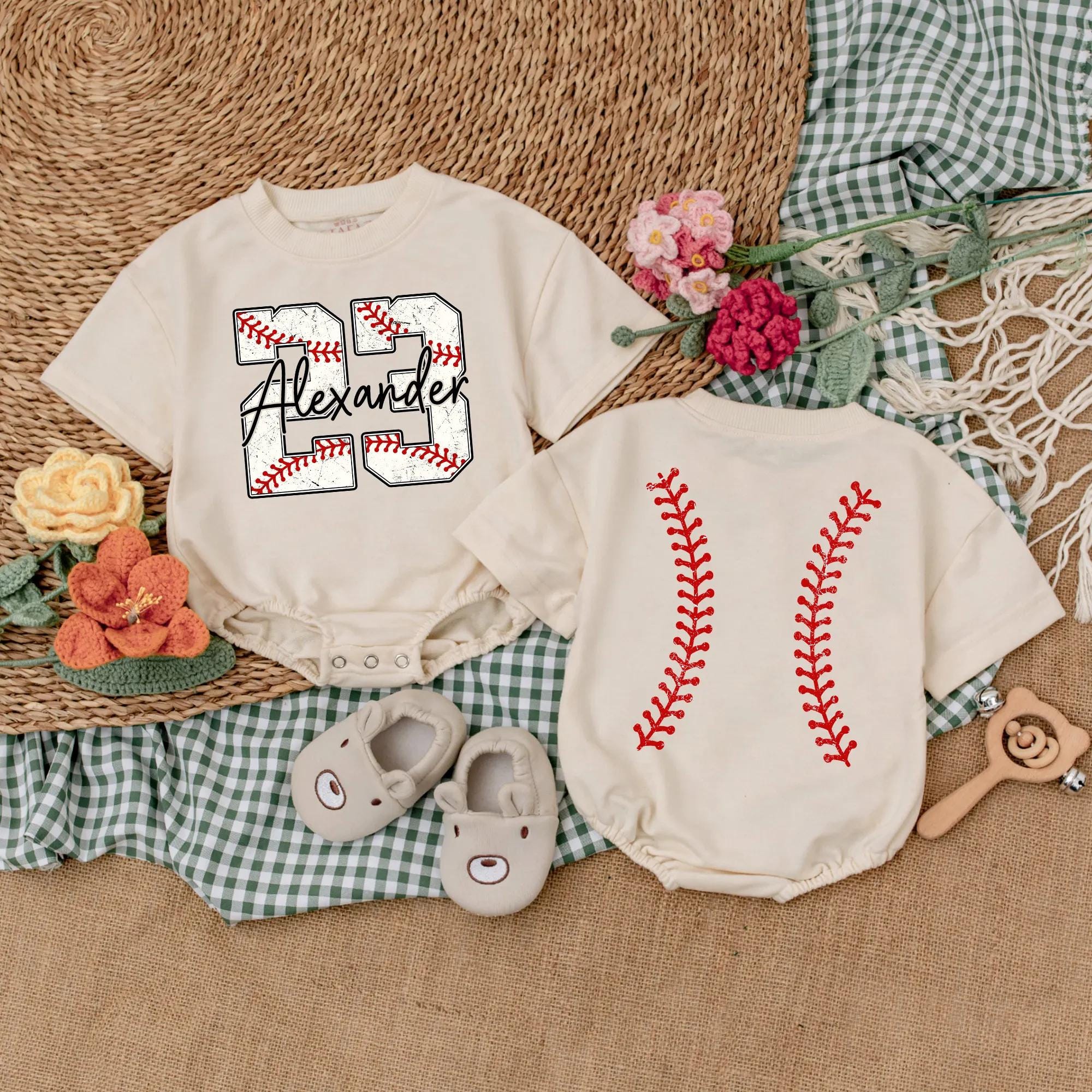 Personalized Baseball Baby Romper Alexander 23 Sporty Infant Outfit with Red Stitching Playful Custom Gift for Boys Holiday Party