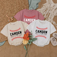 Custom Baseball Baby Romper with Name and Number Sporty Game Day Outfit for Boys Red Stitching Camden 24 Playful Gift Idea