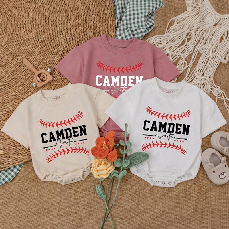 Custom Baseball Baby Romper with Name and Number Sporty Game Day Outfit for Boys Red Stitching Camden 24 Playful Gift Idea