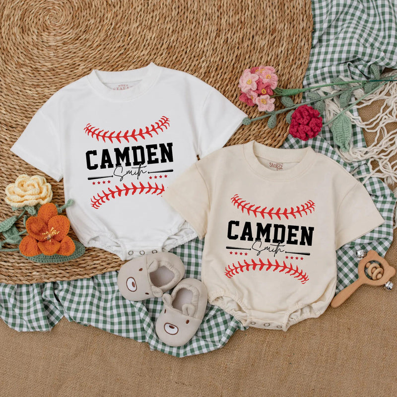Custom Baseball Baby Romper with Name and Number Sporty Game Day Outfit for Boys Red Stitching Camden 24 Playful Gift Idea