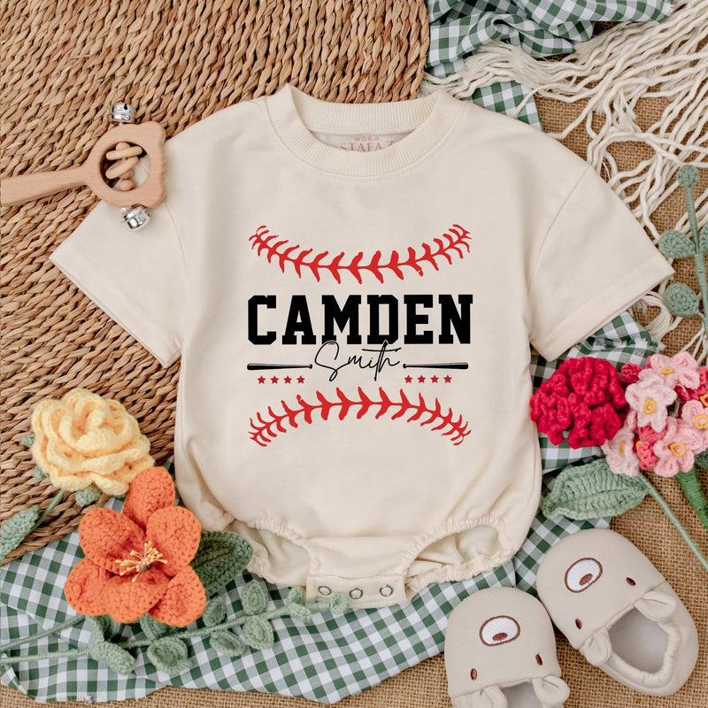 Custom Baseball Baby Romper with Name and Number Sporty Game Day Outfit for Boys Red Stitching Camden 24 Playful Gift Idea