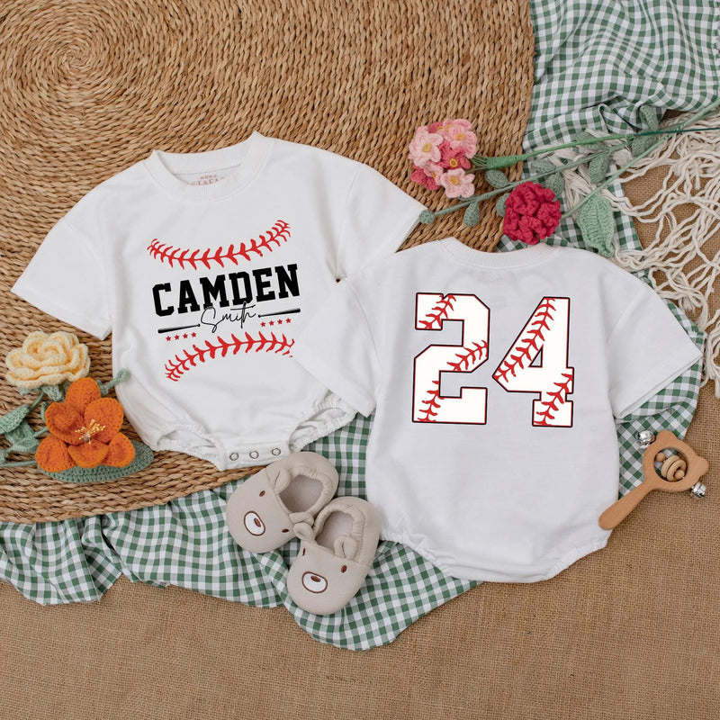 Custom Baseball Baby Romper with Name and Number Sporty Game Day Outfit for Boys Red Stitching Camden 24 Playful Gift Idea