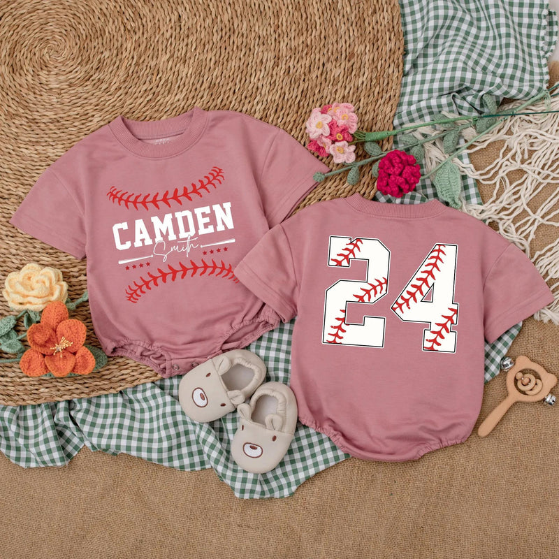 Custom Baseball Baby Romper with Name and Number Sporty Game Day Outfit for Boys Red Stitching Camden 24 Playful Gift Idea