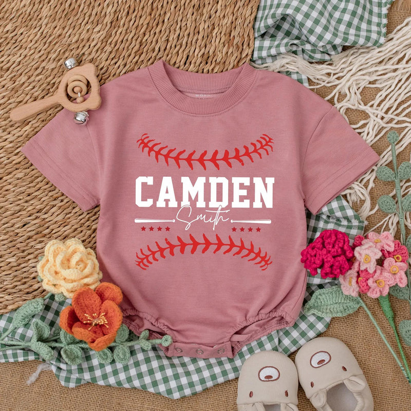 Custom Baseball Baby Romper with Name and Number Sporty Game Day Outfit for Boys Red Stitching Camden 24 Playful Gift Idea