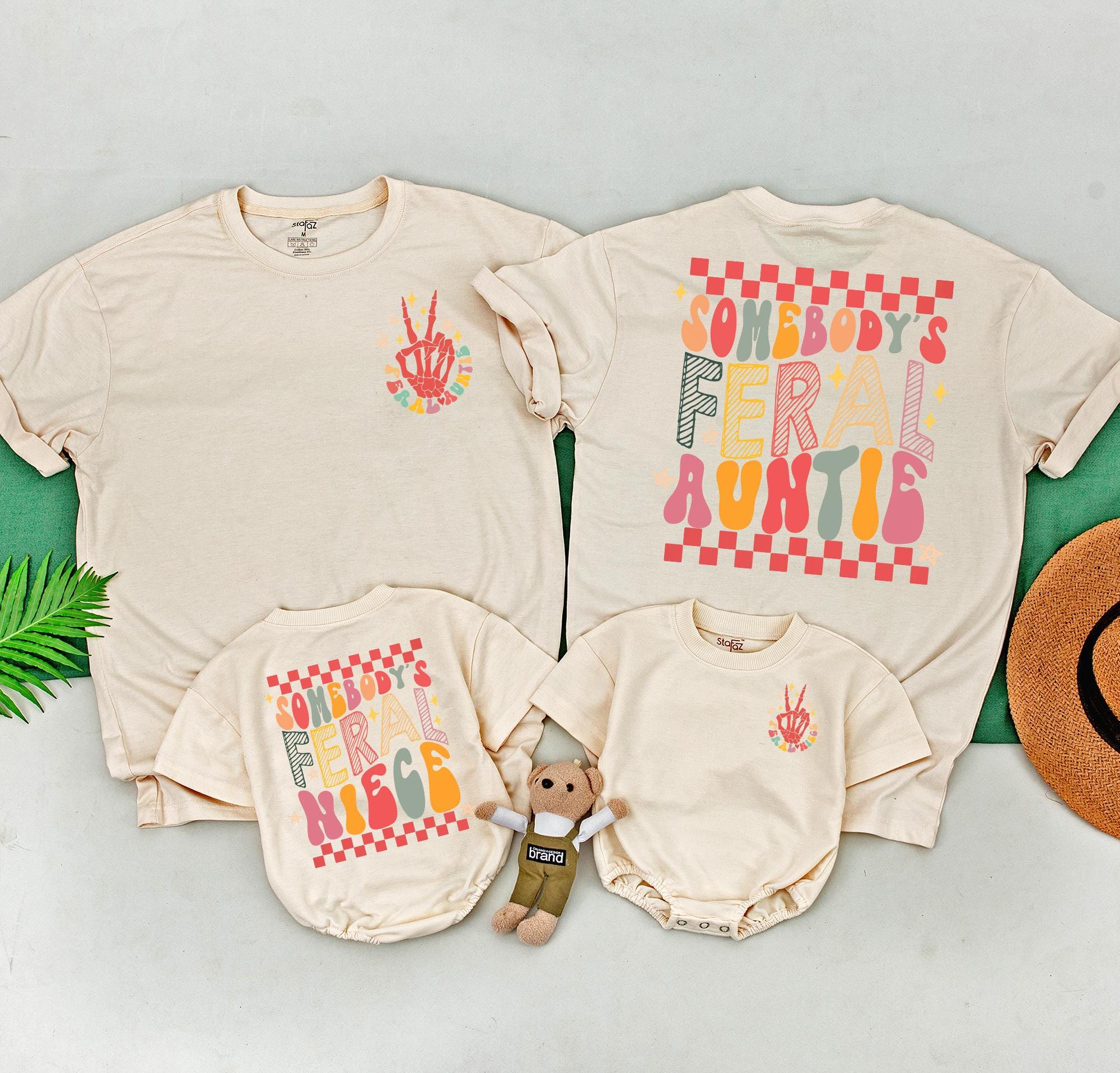 Somebody's Feral Aunt Shirt and Niece Bodysuit Retro Matching Outfit Vibrant Colors Checkerboard Pattern Peace Sign Fun Gift for Baby Girl
