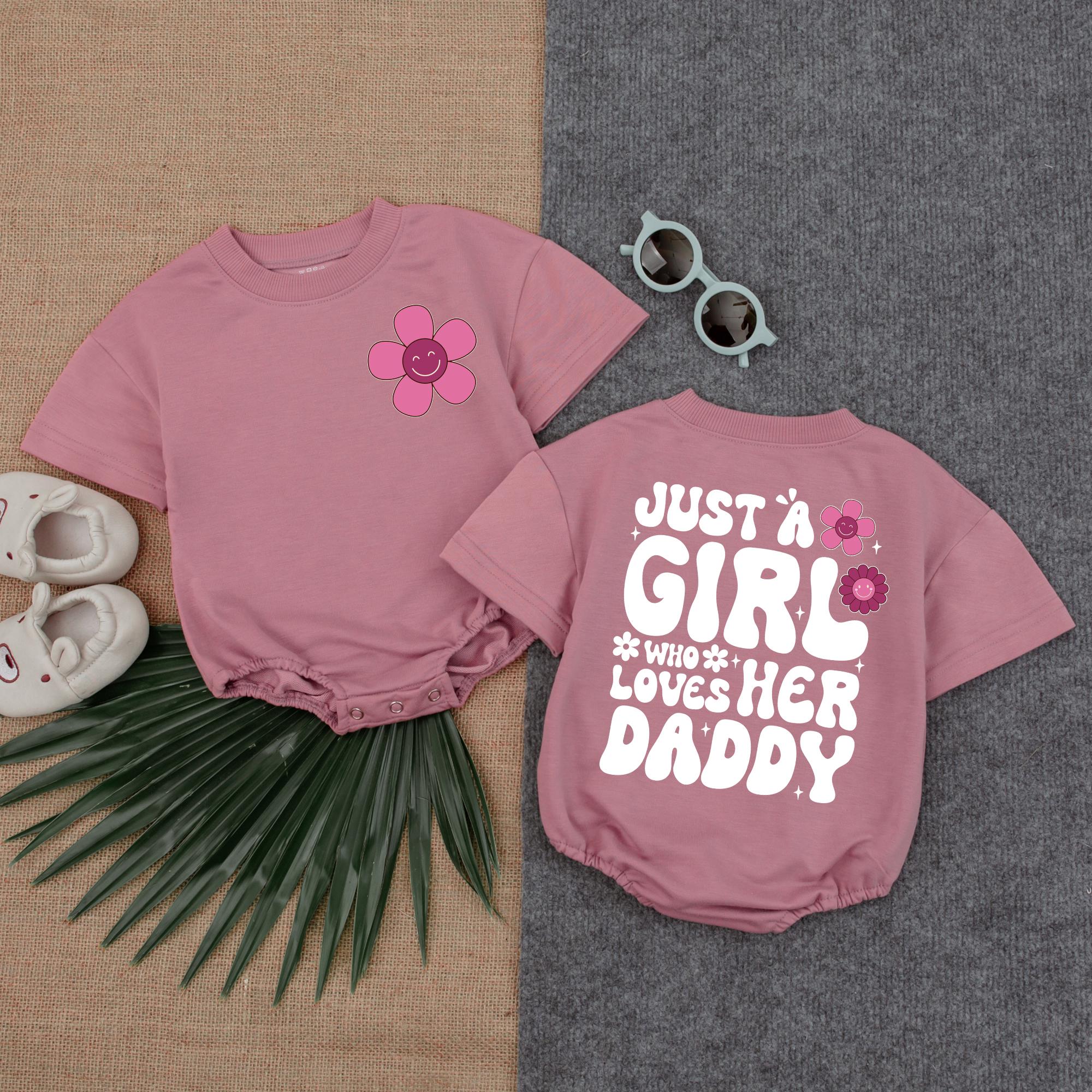 Just A Girl Who Loves Her Daddy Pink Floral Bubble Romper Baby Girl Outfit First Father’s Day Gift Soft Cotton Playful Design