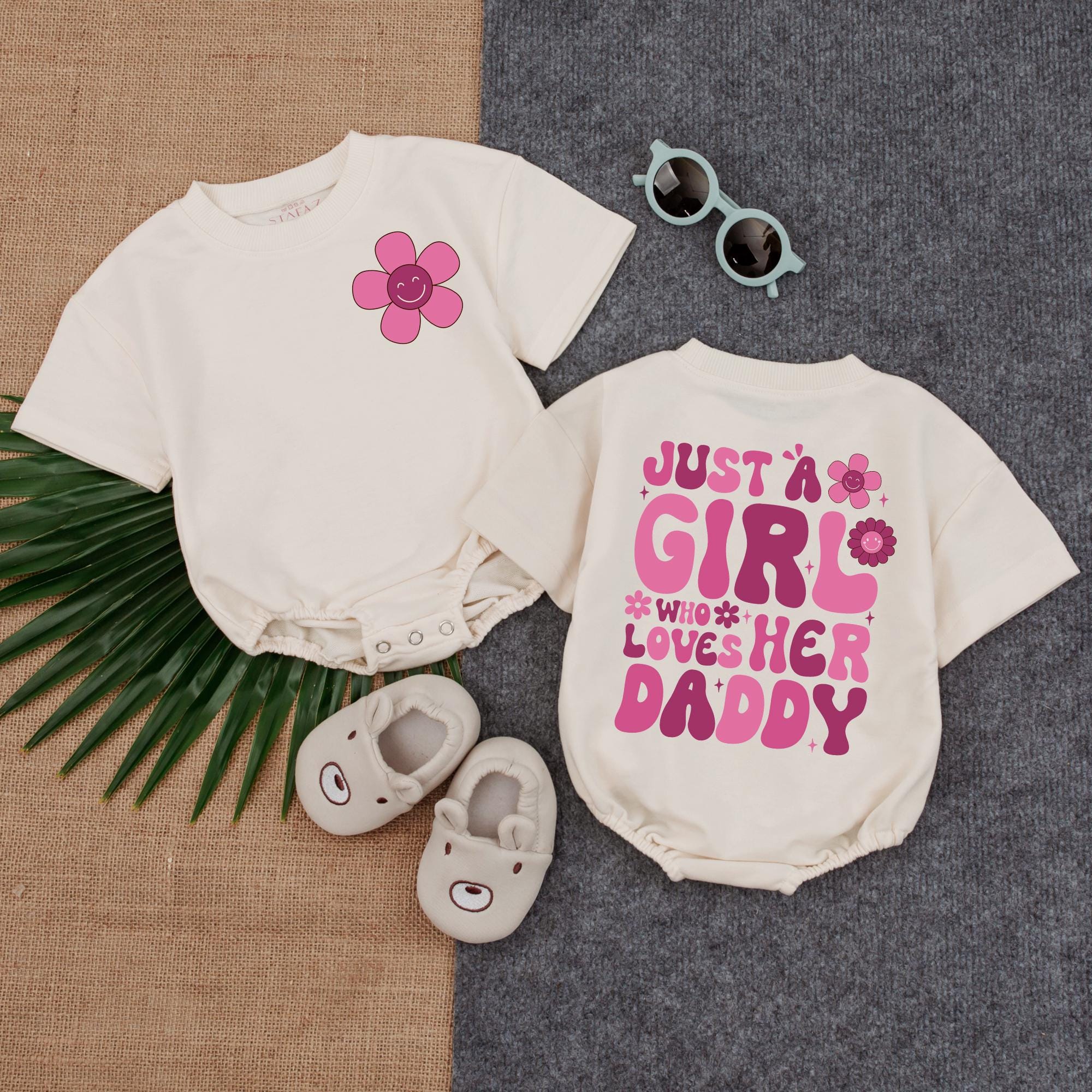 Just A Girl Who Loves Her Daddy Pink Floral Bubble Romper Baby Girl Outfit First Father’s Day Gift Soft Cotton Playful Design