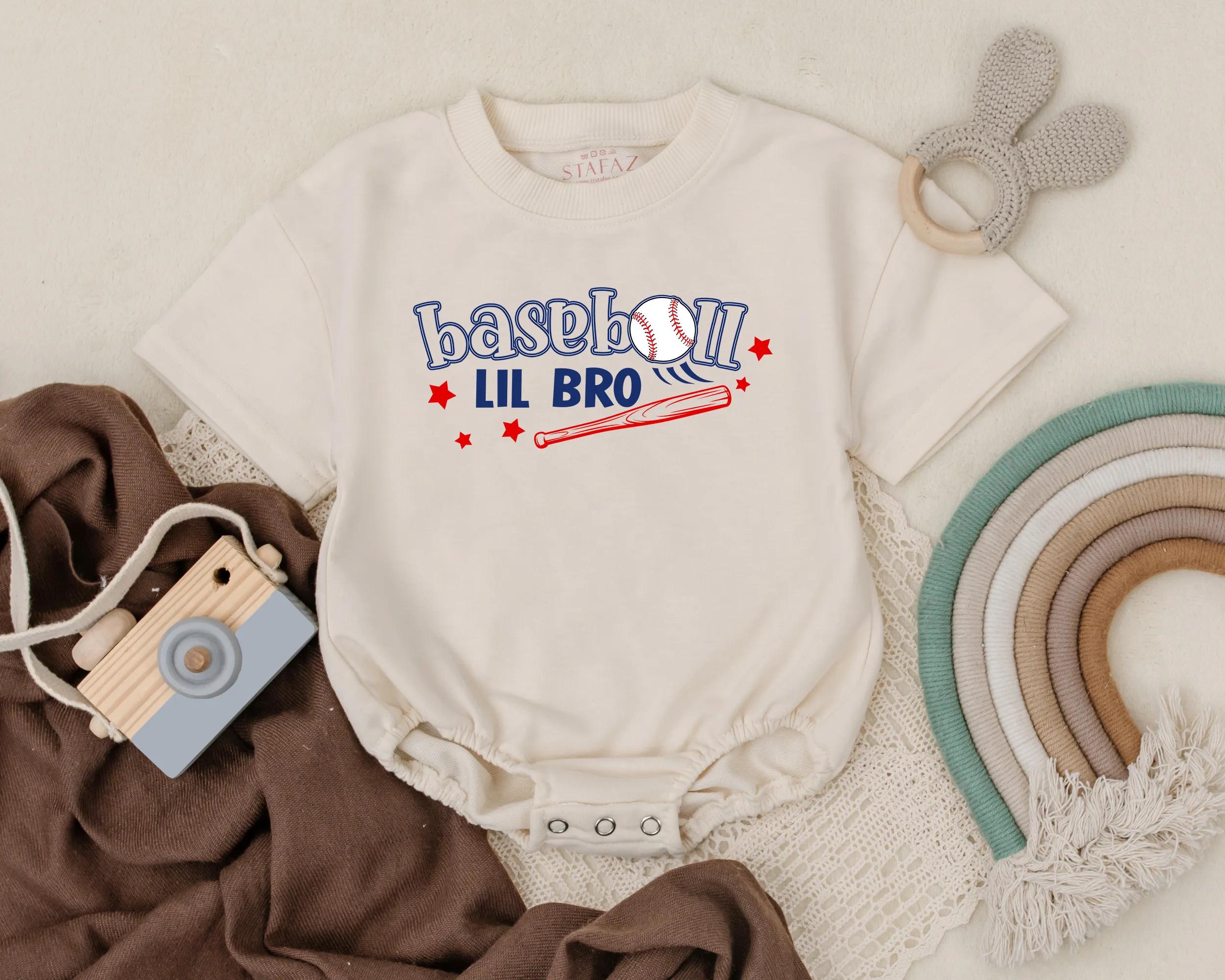 Baseball Lil Bro Romper for Baby Boys Fun Sports Outfit with Red Bat Graphic and Stars Perfect Summer Birthday Gift