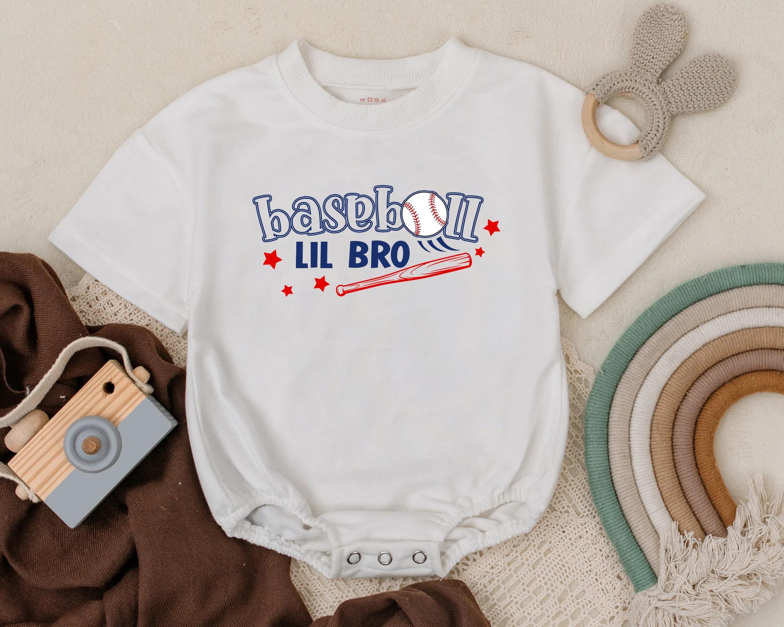 Baseball Lil Bro Romper for Baby Boys Fun Sports Outfit with Red Bat Graphic and Stars Perfect Summer Birthday Gift