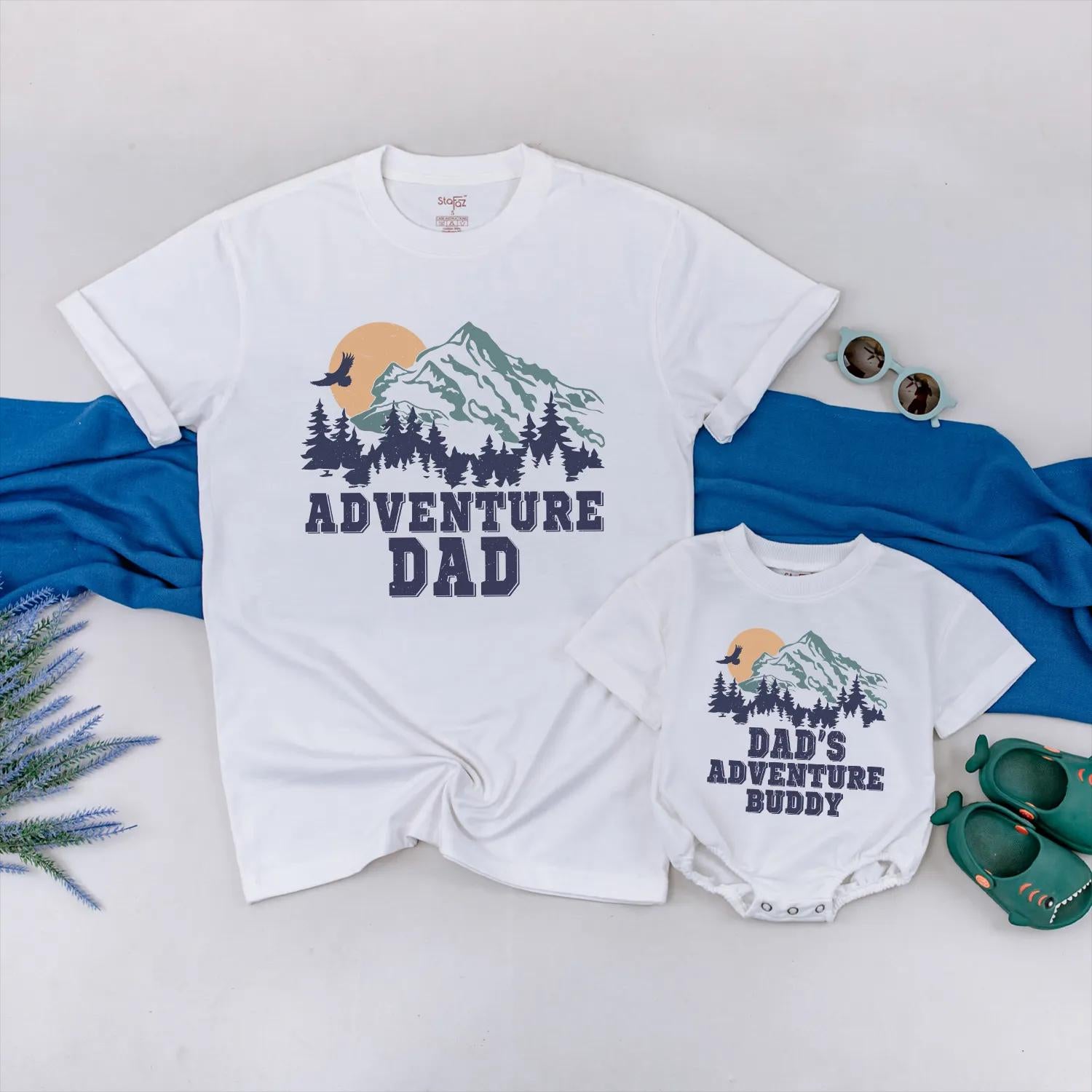 Father’s Day Adventure Dad and Baby Matching Shirts Scenic Mountain Design Outdoor Hiking Gift