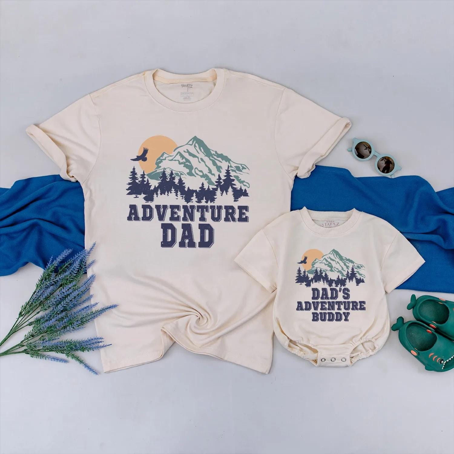 Father’s Day Adventure Dad and Baby Matching Shirts Scenic Mountain Design Outdoor Hiking Gift