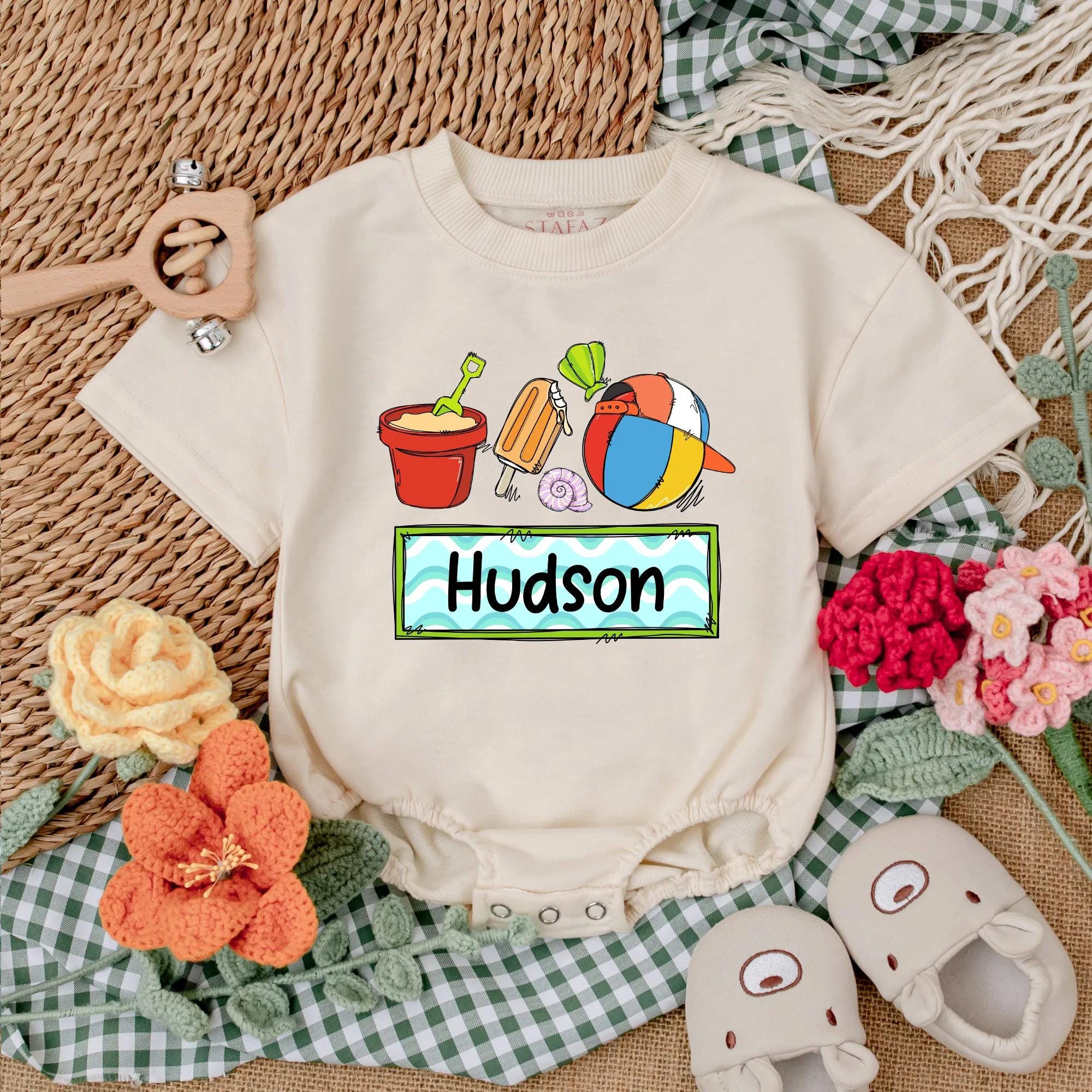 Personalized Baby Romper with Beach Theme Custom Name Summer Outfit Vibrant Party Clothes for Boys Soft Cotton Vacation Bodysuit