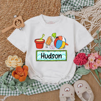 Personalized Baby Romper with Beach Theme Custom Name Summer Outfit Vibrant Party Clothes for Boys Soft Cotton Vacation Bodysuit