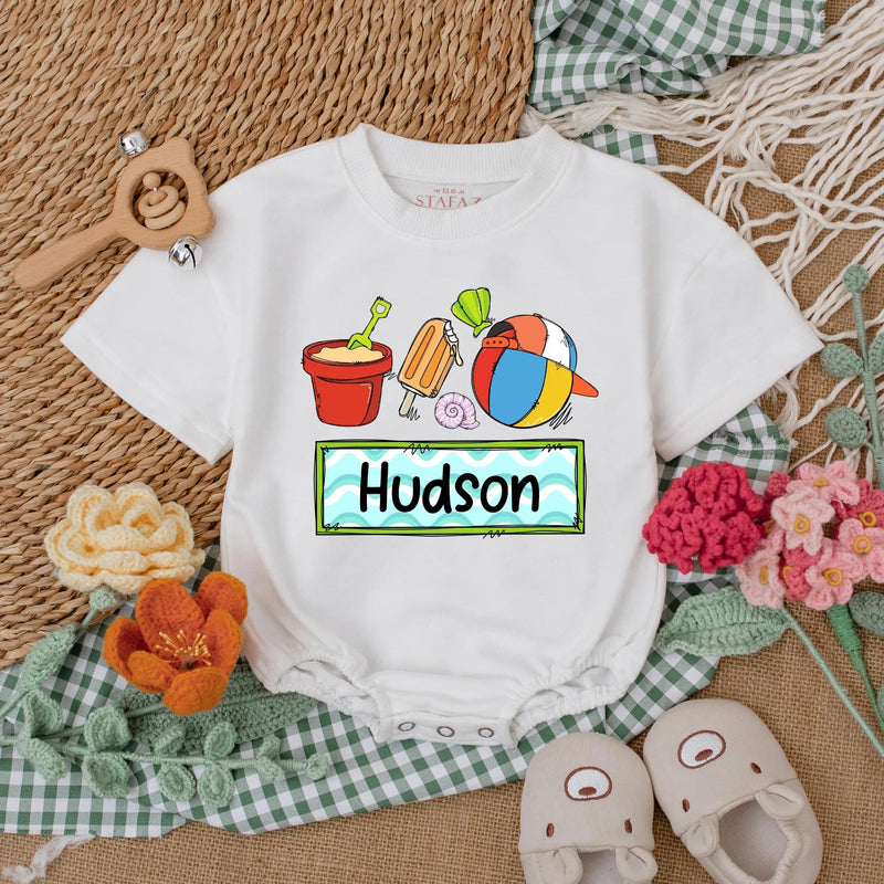Personalized Baby Romper with Beach Theme Custom Name Summer Outfit Vibrant Party Clothes for Boys Soft Cotton Vacation Bodysuit