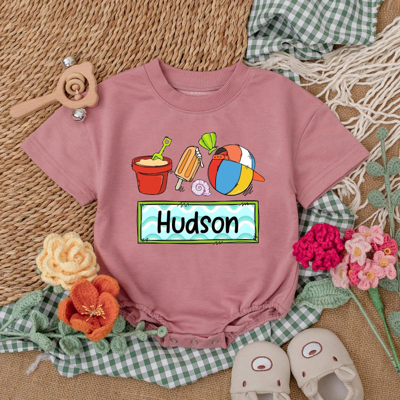 Personalized Baby Romper with Beach Theme Custom Name Summer Outfit Vibrant Party Clothes for Boys Soft Cotton Vacation Bodysuit